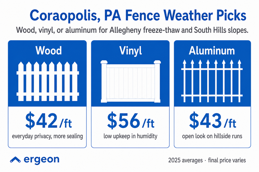 This infographic presents recommended fence materials for Coraopolis, Pennsylvania, based on weather considerations such as Allegheny freeze-thaw cycles and South Hills slopes. It compares three fence types—Wood, Vinyl, and Aluminum—highlighting their average 2025 costs per linear foot and relevant benefits: Wood fences cost $42/ft, offering everyday privacy and improved sealing; Vinyl fences cost $56/ft, featuring low upkeep in humid conditions; Aluminum fences cost $43/ft, providing an open look suitable for hillside runs. The image serves as a guide for selecting appropriate fencing based on both climate resilience and cost estimates.