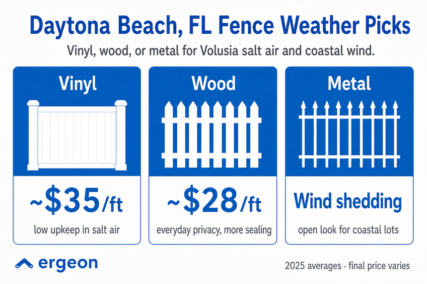 This image provides a comparison of fence types suitable for the coastal weather conditions in Daytona Beach, Florida. It highlights three materials—vinyl, wood, and metal—considering their maintenance needs and cost per foot based on 2025 averages. Vinyl fences are noted for their low upkeep in salt air with an approximate cost of $35 per foot. Wood fences offer everyday privacy and better sealing at about $28 per foot. Metal fences provide wind shedding capability with an open design ideal for coastal lots. The image is intended as a guide for selecting fence materials resilient to Volusia salt air and coastal winds, with a note that final prices may vary.
