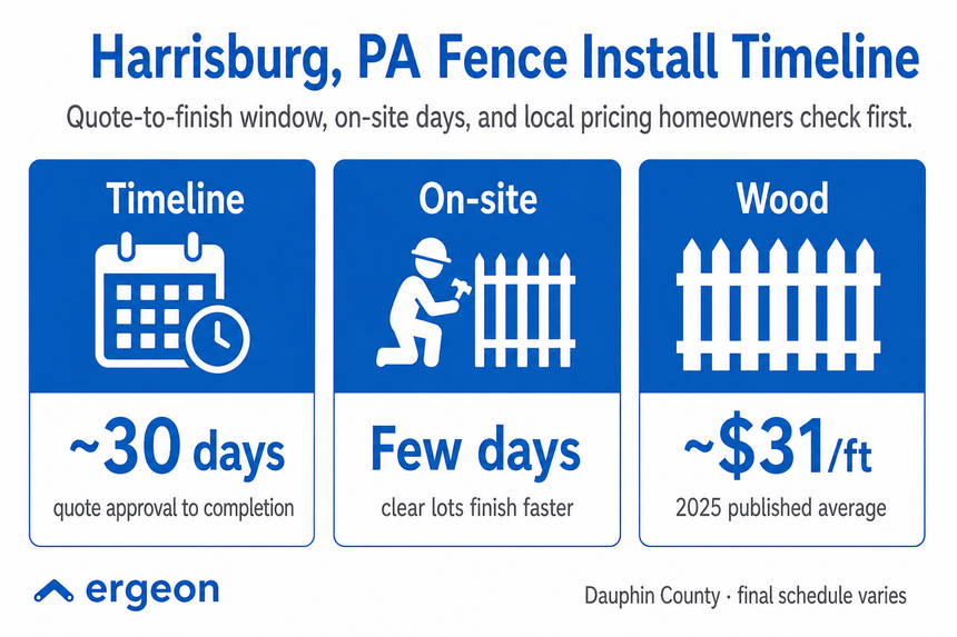 This infographic provides an overview of the typical fence installation timeline and pricing in Harrisburg, Pennsylvania. It highlights an estimated 30-day quote approval to completion timeline, notes that on-site installation usually takes a few days with faster completion on clear lots, and gives the 2025 average cost for wood fencing at approximately $31 per linear foot. The image is intended for homeowners and contractors to set expectations for scheduling and budgeting fence projects in Dauphin County, with a note that actual schedules may vary.