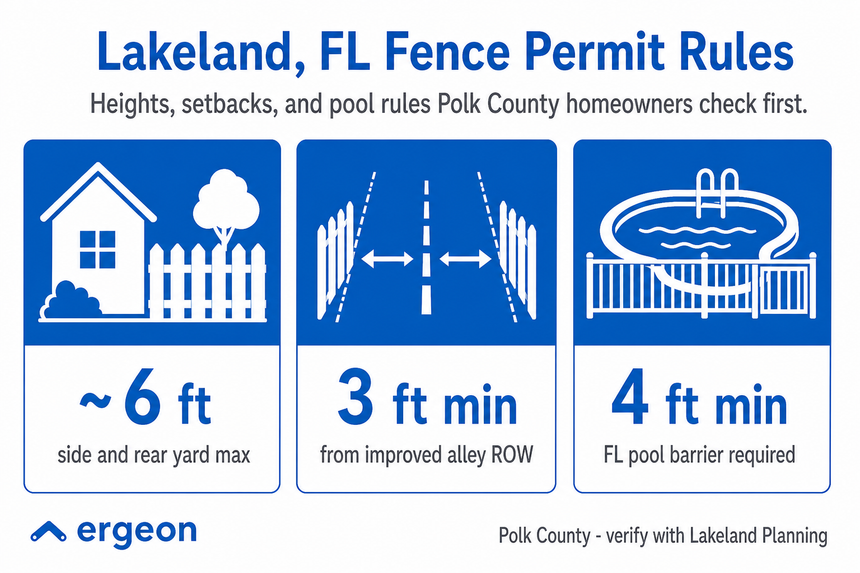 This image provides a summary of fence permit regulations for homeowners in Lakeland, Florida, particularly within Polk County. It outlines key rules including a maximum fence height of approximately 6 feet for side and rear yards, a minimum setback of 3 feet from improved alley rights-of-way (ROW), and a mandatory minimum 4-foot high pool barrier fence for Florida pools. The image advises verifying these rules with Lakeland Planning and is branded with the Ergeon logo.