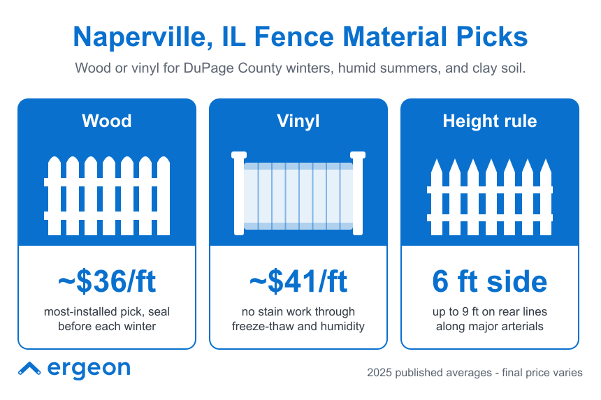 This infographic compares wood and vinyl fencing materials suitable for Naperville, Illinois, considering local climate conditions such as DuPage County winters, humidity, and clay soil. The image provides average cost estimates per linear foot: approximately $36 for wood, which requires sealing before each winter, and approximately $41 for vinyl, which offers resistance to stain through freeze-thaw cycles and humidity. Additionally, the infographic includes a height guideline recommending a 6-foot fence on side property lines and up to 9 feet on rear lines along major roads. This information is based on 2025 published averages, noting that final prices may vary.