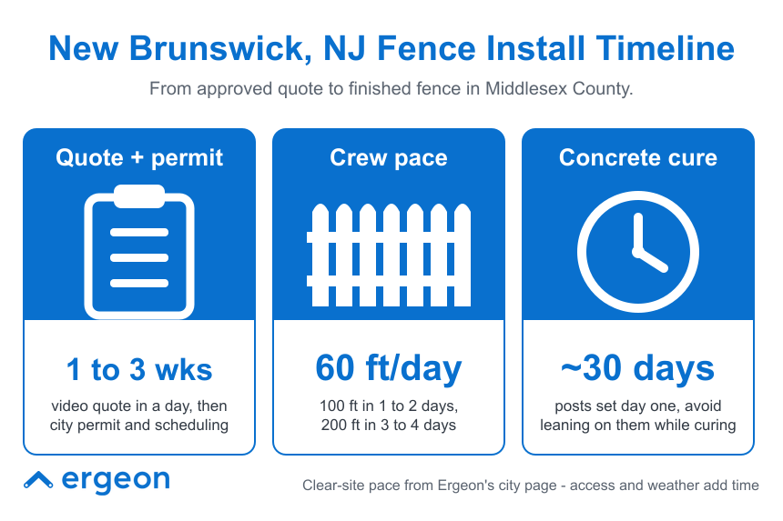 This infographic outlines the typical timeline for installing a fence in Middlesex County, New Brunswick, NJ, starting from the approval of a quote to the completion of the fence. It breaks down the process into three main stages: (1) Quote and permit acquisition, which typically takes 1 to 3 weeks including a video quote and city permit scheduling; (2) Crew installation pace, where the team installs approximately 60 feet of fence per day, completing 100 feet in 1-2 days or 200 feet in 3-4 days; and (3) Concrete curing time for fence posts, requiring around 30 days to ensure posts are set properly, with a caution to avoid leaning on posts while curing. This timeline helps customers plan and understand the expected duration for residential fencing projects in the area.
