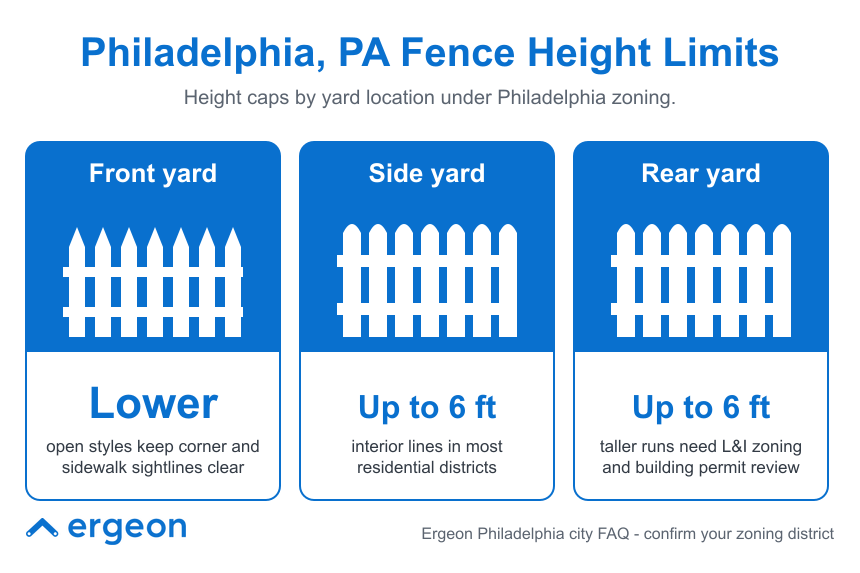 This image illustrates the fence height restrictions in Philadelphia, Pennsylvania, categorized by yard location under city zoning regulations. It shows that fences in the front yard must be lower in height to keep corners and sidewalk sightlines clear. Side yard and rear yard fences can be up to 6 feet tall, with the note that taller fences require review from the Licenses & Inspections (L&I) zoning and building permit authorities. The infographic is intended to help residents and builders understand and comply with local fence height rules for residential properties.