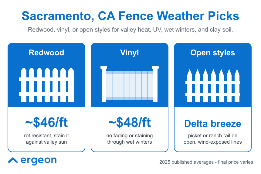 This infographic presents recommended fence materials for Sacramento, California, considering local weather challenges such as valley heat, UV exposure, wet winters, and clay soil. It compares three types: Redwood, Vinyl, and Open styles. Redwood fencing is priced around $46 per foot, noted for being rot resistant and stainable against valley sun. Vinyl fencing costs about $48 per foot, praised for no fading or staining in wet winters. Open styles, including picket or ranch rail fencing, are suggested for wind-exposed lines to allow the Delta breeze to pass through. The data reflects averages published for 2025, with final prices subject to variation.