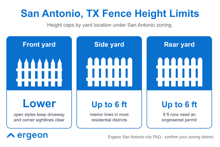 This image illustrates the fence height restrictions in San Antonio, Texas, categorized by yard location under city zoning regulations. It shows that front yard fences must be lower with open styles to maintain clear driveway and corner sightlines. Side yard fences are allowed up to 6 feet tall in most residential districts. Rear yard fences can also be up to 6 feet tall, but those extending 8 feet require an engineered permit. The image uses simple white fence icons on blue backgrounds for each yard type and emphasizes verifying zoning district regulations.
