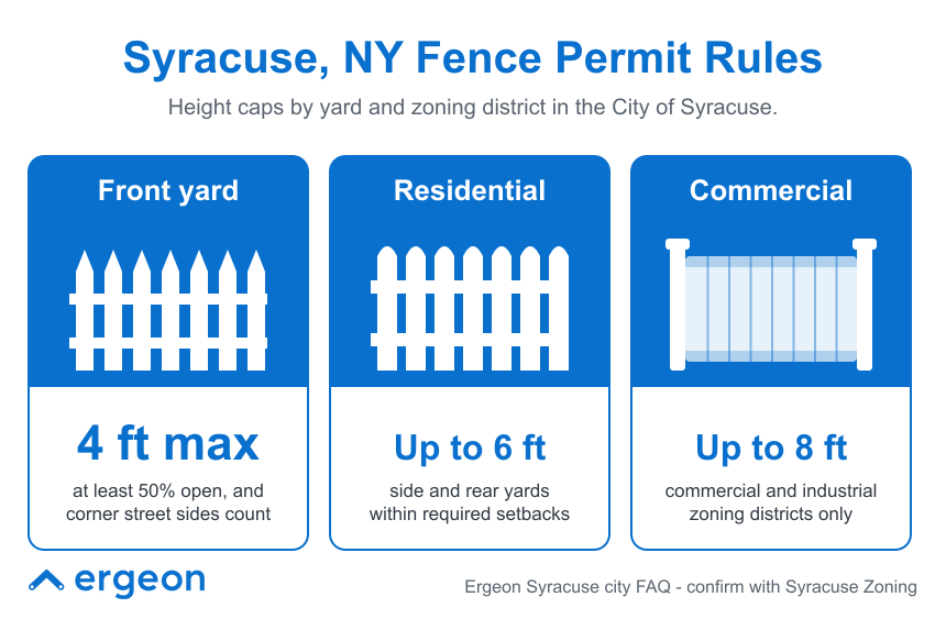This infographic outlines the maximum permissible fence heights according to yard location and zoning district in Syracuse, New York. It specifies that front yard fences may be up to 4 feet tall and must be at least 50% open, with corner street sides counting towards this rule. Residential fences in side and rear yards are allowed up to 6 feet tall within required setbacks. Commercial fences in commercial and industrial zoning districts can be up to 8 feet tall. The image serves as a quick reference for compliance with Syracuse fence permit regulations and advises confirming specifics with Syracuse Zoning authorities.