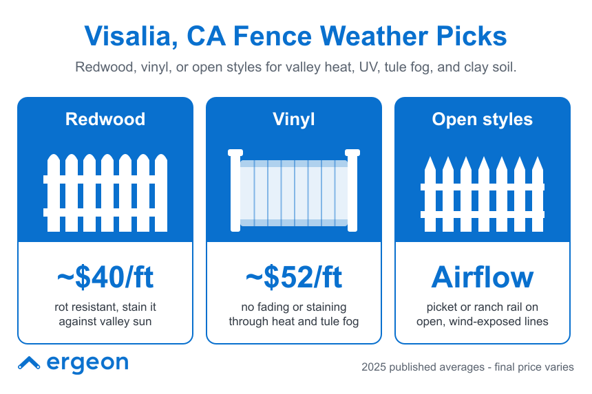 This image provides an overview of suitable fence material options for Visalia, California, considering the local weather conditions such as valley heat, UV exposure, tule fog, and clay soil. It compares three types of fence materials/styles: Redwood, Vinyl, and Open styles. Redwood fences are rot resistant and recommended to be stained to withstand valley sun, costing approximately $40 per foot. Vinyl fences, costing about $52 per foot, offer durability with no fading or staining under heat and tule fog. Open style fences, such as picket or ranch rail, allow airflow and are suited for wind-exposed lines. The information is based on 2025 published average prices, with final costs varying.