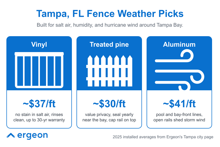 Tampa, FL Fence Materials Best for Weather Resistance This infographic compares three popular fence materials suitable for Tampa Bay's weather conditions: vinyl, treated pine, and aluminum. It highlights the price per foot (~$37/ft for vinyl, ~$30/ft for treated pine, and ~$41/ft for aluminum) and their specific benefits such as resistance to salt air, humidity, hurricane winds, maintenance needs, and warranty periods. Vinyl requires no stain and rinses clean, treated pine offers privacy with yearly sealing recommended, and aluminum is noted for pool and bay-front fencing with storm wind resistance.