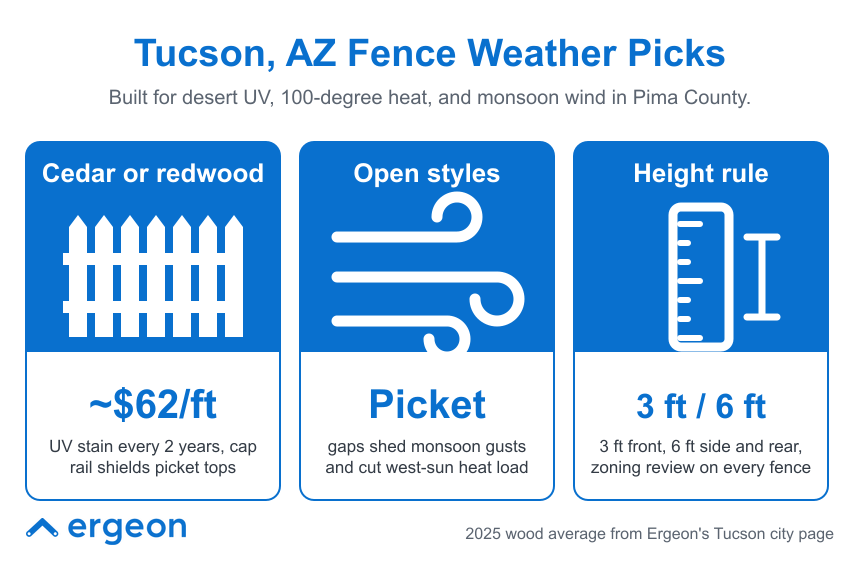 Tucson, AZ Fence Weather Recommendations for Wood Fencing This infographic provides expert recommendations for wood fencing suitable for Tucson, AZ's desert climate. It highlights the use of cedar or redwood wood at an estimated cost of $62 per foot, with maintenance including UV stain application every two years and cap rails to protect picket tops. It suggests open-style picket fences to allow monsoon wind gusts to pass through and reduce sun heat load from the west. Additionally, it outlines zoning height rules for fences: 3 feet in the front yard, and 6 feet on side and rear yards, with zoning review required for all fences. These guidelines are tailored to withstand Tucson's UV exposure, extreme heat, and monsoon winds.