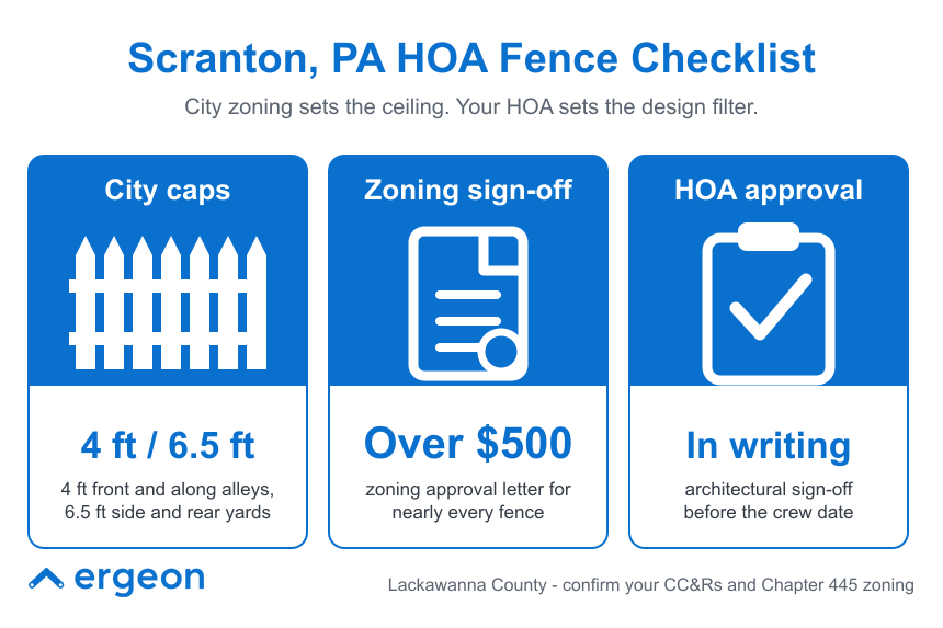 Scranton, PA HOA Fence Regulations Checklist This infographic provides a checklist for homeowners associations (HOAs) and residents in Scranton, Pennsylvania, outlining key requirements for fence installation. It highlights city zoning limits on fence heights (4 feet in front and alley areas, 6.5 feet in side and rear yards), the need for zoning approval which typically costs over $500, and the requirement to obtain written HOA approval including architectural sign-off before beginning fence construction. The image serves as a professional guide to ensure compliance with city and HOA fence regulations in Lackawanna County.