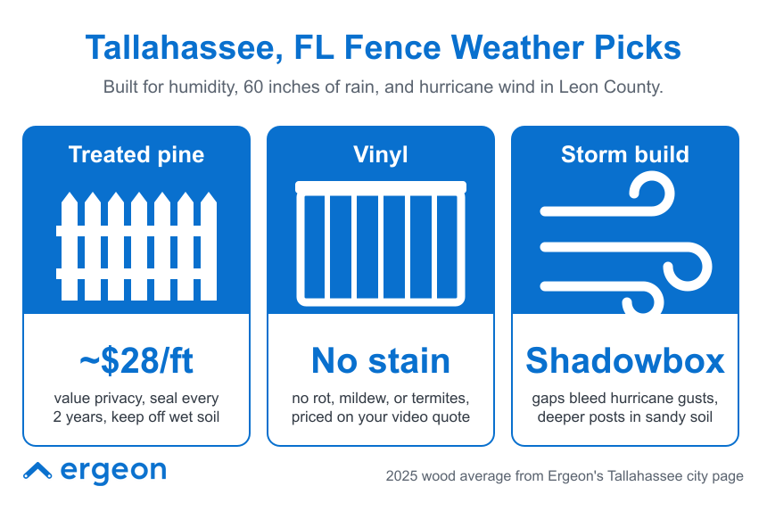 Tallahassee, FL Best Fence Options for Weather Resistance This image presents recommended fence types specifically suitable for the Tallahassee, Florida climate, which includes humidity, heavy rainfall of 60 inches annually, and hurricane-strength winds common in Leon County. Three fence options are highlighted: Treated pine priced at approximately $28 per foot, requiring sealing every two years and precautions to avoid wet soil; Vinyl fences that do not need staining and resist rot, mildew, and termites, with pricing available via video quotes; and a storm build option using shadowbox style fencing that allows gaps to reduce wind pressure from hurricane gusts and deeper posts for stability in sandy soil. This visual guide serves as useful advice for residents and builders selecting durable fencing solutions for challenging environmental conditions.