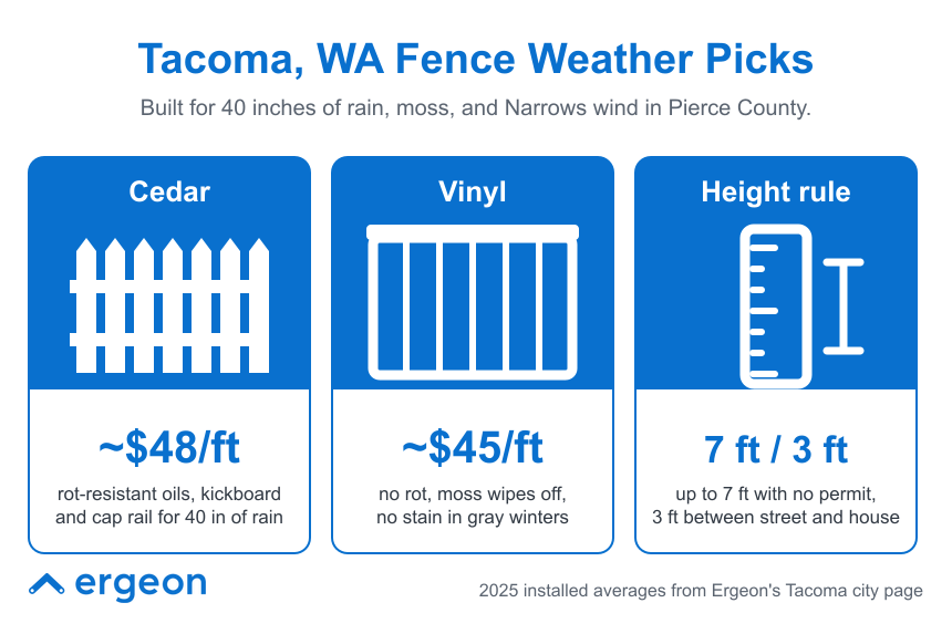 This image presents recommended fence material options suitable for Tacoma, Washington's climate, characterized by 40 inches of rain, moss growth, and wind from the Narrows in Pierce County. It compares cedar and vinyl fences, detailing their approximate cost per foot, durability features like rot-resistance and stain prevention, and maintenance considerations. Additionally, it outlines local height regulations for fences, allowing up to 7 feet with no permit and requiring a 3-foot space between the street and house for shorter fences. The information reflects 2025 installation averages sourced from Ergeon's Tacoma city page, aimed at helping residents choose optimal fencing solutions for the region's weather conditions.
