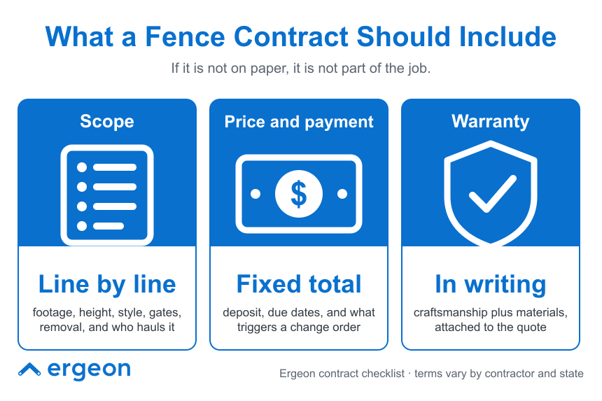 Essential Elements of a Fence Contract: Scope, Price, and Warranty This image outlines the key components that a fence contract should include to ensure clarity and accountability. It emphasizes that only terms documented in writing are considered part of the job. The contract should clearly define the scope with details such as footage, height, style, gates, removal, and hauling responsibilities. The price and payment section should indicate a fixed total, including deposit, due dates, and conditions that may trigger change orders. The warranty must be documented in writing, covering both craftsmanship and materials, and be attached to the quote. This checklist helps protect both contractors and clients by establishing clear expectations.