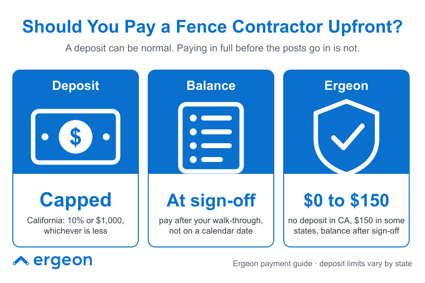 This image provides a clear payment guide for hiring a fence contractor, detailing appropriate upfront payment practices. It explains that deposits should be capped, such as in California where the limit is 10% or $1,000, whichever is less. The balance payment is recommended to be made at sign-off, specifically after a walk-through rather than on a fixed calendar date. Additionally, the Ergeon policy is highlighted, noting no deposit required in California and a maximum $150 deposit in some other states, with the balance payable after sign-off. The graphic uses icons to illustrate deposit, balance, and Ergeon policies, offering a professional summary of fair payment practices for fence installation projects.