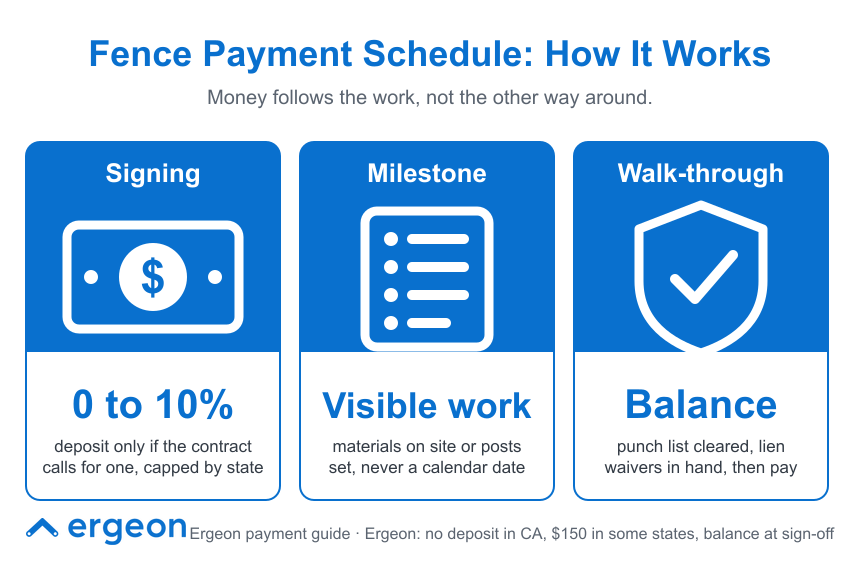 Fence Payment Schedule: How It Works This image explains the payment schedule for fence installation projects. It highlights a payment approach where money is paid after work is completed rather than upfront. The schedule is divided into three stages: Signing, Milestone, and Walk-through. At Signing, a deposit ranging from 0 to 10% is paid only if the contract requires it, with state-specific caps. At the Milestone stage, payment is made after visible work is completed, such as materials being on-site or fence posts set, emphasizing progress-based payment rather than calendar dates. Finally, at Walk-through, the remaining balance is paid after clearing the punch list and receiving lien waivers. The graphic uses simple icons and concise text to convey these points, and notes specific regional rules about deposits.