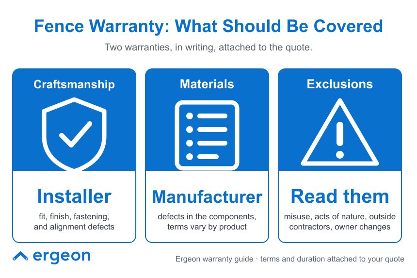Fence Warranty: Key Coverage Components and Exclusions This infographic outlines the important aspects that a fence warranty should cover. It highlights two warranties provided in writing with the quote: one from the installer and one from the manufacturer. The installer warranty covers workmanship aspects such as fit, finish, fastening, and alignment defects. The manufacturer warranty addresses defects in the fence materials, with terms varying according to the product. Additionally, the graphic emphasizes the need to read exclusions carefully, which may include misuse, acts of nature, use of outside contractors, and owner changes. The content serves as a guide for understanding warranty terms related to fence installation and materials, aiding customers in making informed decisions.