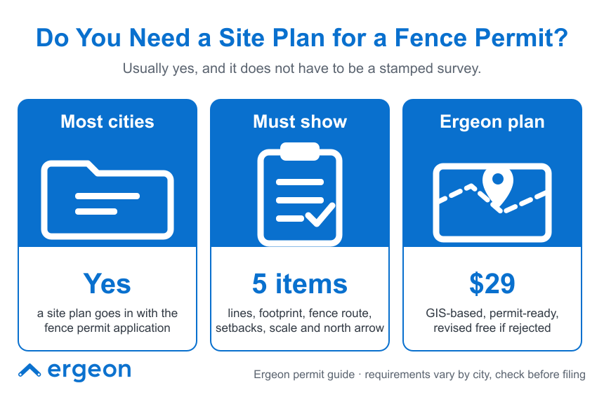 This informational graphic explains the necessity of submitting a site plan when applying for a fence permit in most cities. It details that a site plan typically must accompany the fence permit application and outlines the five essential elements the plan must include: lines, footprint, fence route, setbacks, scale, and a north arrow. Additionally, it highlights the option of using an Ergeon GIS-based, permit-ready plan costing $29, which includes a free revision if initially rejected. The image is intended to guide applicants about the common requirements and available services for preparing fence permit site plans.