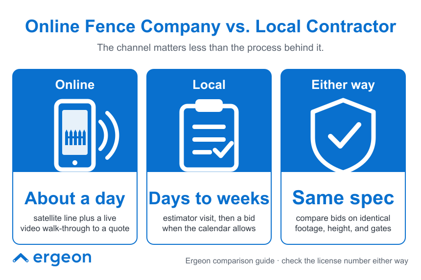 This infographic compares the process timelines and specifications considerations for obtaining fencing quotes from an online fence company versus a local contractor. It highlights that online estimates take about a day using satellite imagery and live video walk-throughs, while local contractors require an estimator visit leading to bids over days or weeks. Both methods deliver comparable specifications for fencing installation, allowing consumers to compare bids on identical footage, height, and gates. The image emphasizes that the communication channel is less important than the overall process quality.
