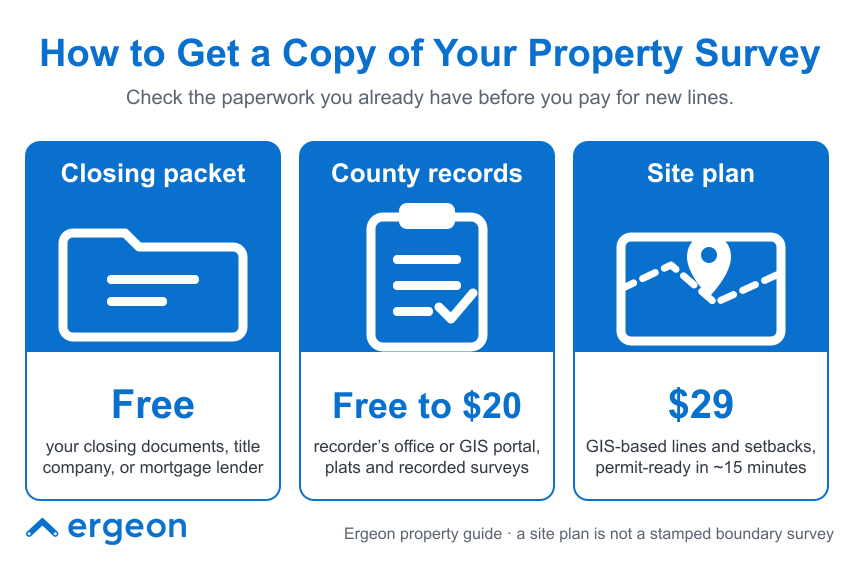 This infographic provides a guide on different ways to obtain a copy of a property survey, highlighting three main sources: the closing packet, county records, and site plans. It outlines that the closing packet, which includes documents from the title company or mortgage lender, can provide survey information for free. County records, accessible via the recorder’s office or GIS portal, offer plats and recorded surveys at a cost ranging from free to $20. Site plans are available for $29 and include GIS-based lines and setbacks that are permit-ready within approximately 15 minutes, but are not replaced for stamped boundary surveys. The guide encourages checking existing paperwork before paying for new survey lines.