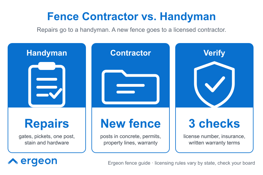 This infographic compares the roles of a handyman and a licensed fence contractor in the context of fence-related work. It highlights that handymen typically handle repairs such as fixing gates, pickets, single posts, staining, and hardware maintenance. In contrast, licensed contractors are required for installing new fences, managing aspects like setting posts in concrete, handling permits, property line considerations, and providing warranties. Additionally, the infographic emphasizes the importance of verifying a contractor through three checks: license number, insurance, and written warranty terms. The guide is branded by Ergeon and includes a note that licensing rules vary by state, advising viewers to check with their local board.