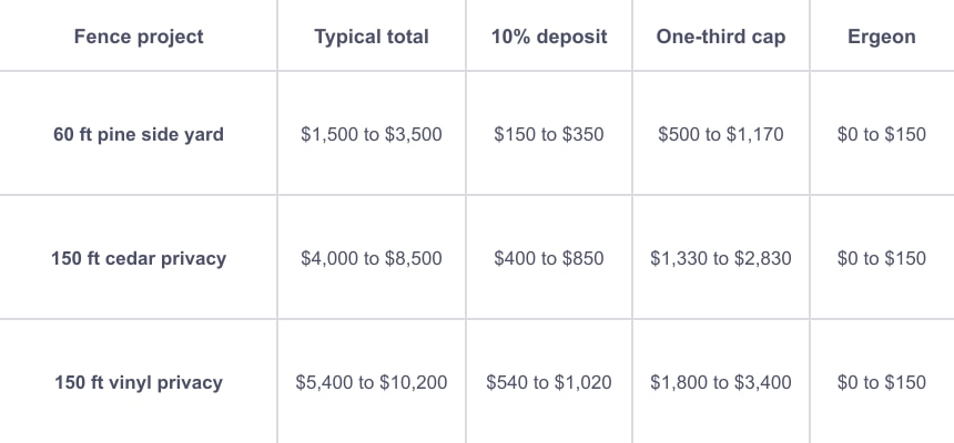 This image displays a table comparing typical total costs and deposit amounts required for different fence projects. The table includes columns for fence project types, typical total cost ranges, recommended 10% deposit ranges, one-third cap deposit ranges, and Ergeon deposit offers. Fence projects listed are 60 ft pine side yard, 150 ft cedar privacy, and 150 ft vinyl privacy, with corresponding cost and deposit ranges providing guidance for budgeting and payments in fencing contracts.