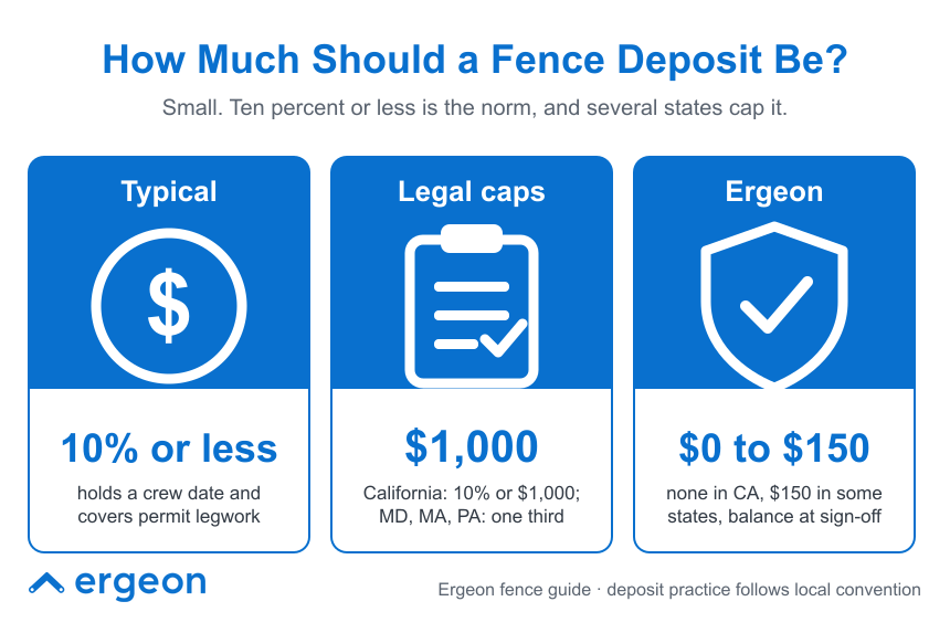 This infographic explains typical deposit amounts for fence installation projects, including common percentages, legal maximums in certain states, and Ergeon's specific practices. It highlights that typically deposits are 10% or less, which usually covers scheduling and permit paperwork. Legal caps such as $1,000 or one-third of the cost apply in some states like California, Maryland, Massachusetts, and Pennsylvania. The Ergeon practice ranges from no deposit in California to $150 in some other states, with the remaining balance due at sign-off. This visual is useful for contractors and clients to understand standard financial practices around fence deposits.