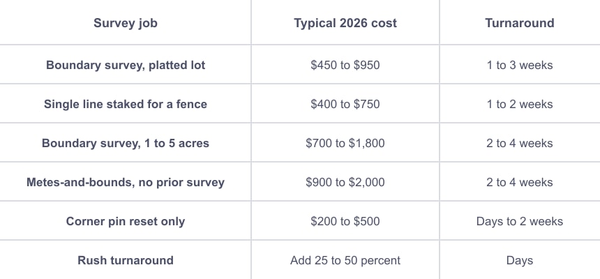 This image is a table detailing the typical costs and turnaround times for various types of property line surveys expected in 2026. It lists different survey jobs including boundary surveys for platted lots, single line staking for fences, boundary surveys for 1 to 5 acres, metes-and-bounds surveys without prior surveys, and corner pin resets. The typical cost ranges from $200 to $2,000 depending on the survey type and complexity. Turnaround times vary from a few days to up to 4 weeks. The table also notes that rush turnaround services incur an additional cost of 25 to 50 percent and can be completed within days. This information is useful for homeowners, property developers, or professionals planning property surveys and budget estimations.