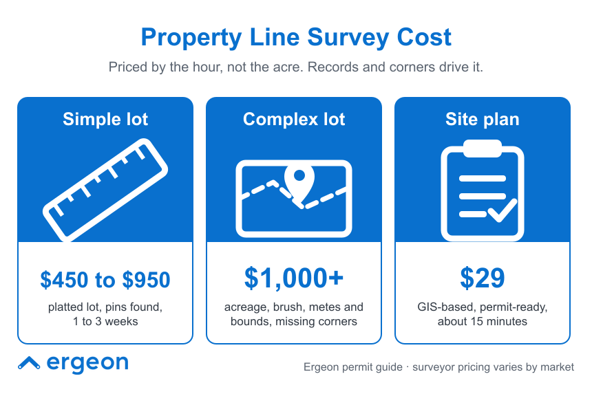 This image presents a cost comparison for property line surveys from Ergeon, highlighting three categories: 'Simple lot,' 'Complex lot,' and 'Site plan.' The simple lot survey ranges from $450 to $950 and includes tasks such as platted lot pin locating, typically taking 1 to 3 weeks. The complex lot survey starts at $1,000 and covers factors like acreage, brush clearance, metes and bounds descriptions, and addressing missing corners. The site plan option costs $29, is GIS-based, permit-ready, and takes about 15 minutes to complete. The image emphasizes that property line surveys are priced by the hour rather than by the acre, with records and corner conditions influencing the cost. This information aids property owners and professionals in understanding typical survey fees and services available.