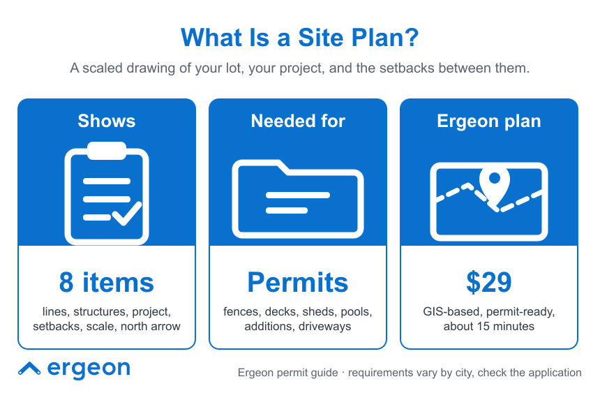 This infographic explains what a site plan is, highlighting that it is a scaled drawing showing a lot, project, and setbacks. It details that a site plan shows 8 key items such as lines, structures, project, setbacks, scale, and north arrow. The image also states the need for site plans in obtaining permits for fences, decks, sheds, pools, additions, and driveways. Additionally, it features the Ergeon plan service which provides a GIS-based, permit-ready site plan for $29, which can be produced in about 15 minutes. The image is branded by Ergeon and includes a note about permit requirements varying by city.