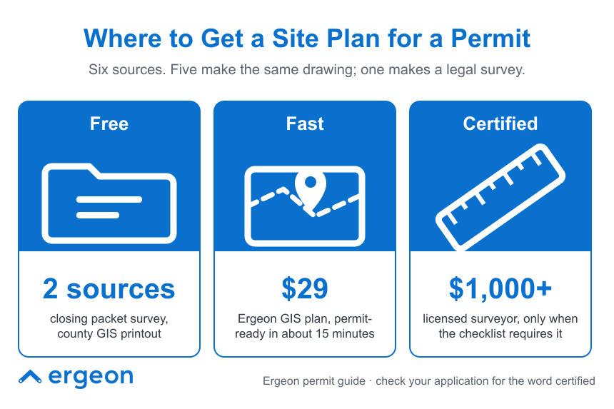 This infographic compares three main sources for obtaining a site plan needed for a permit application. It highlights two free options providing survey data through closing packets or county GIS printouts, one fast paid option ($29) offering an Ergeon GIS plan ready in about 15 minutes, and a certified option costing over $1,000 that requires a licensed surveyor, used only when certification is mandated by a checklist. The graphic is designed to help users select the most appropriate and cost-effective site plan source based on permit requirements.