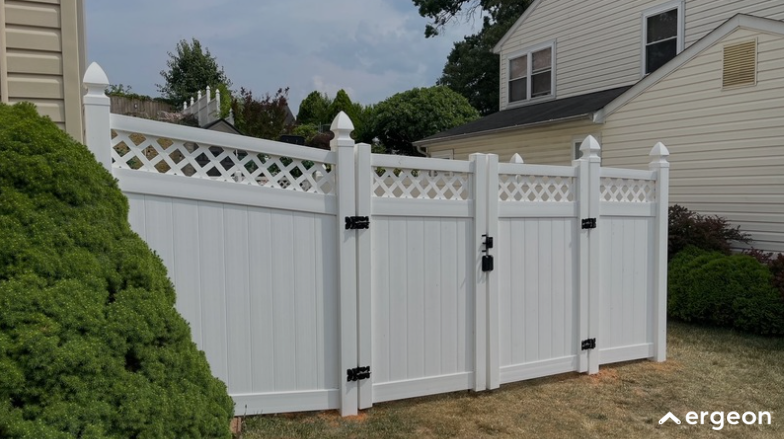 This image displays a white vinyl privacy fence featuring solid panels topped with decorative lattice work. The fence includes a secured gate with black hardware, including hinges and a lock. The fence is installed around the perimeter of a residential yard, bordered by green shrubs and adjacent to a beige house. The design combines functionality for security and privacy with an aesthetic touch provided by the lattice tops. Such fences are commonly used to enclose residential properties while enhancing curb appeal.