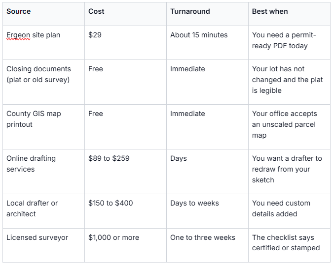 This table compares various sources for obtaining site plans, detailing their associated costs, turnaround times, and best use scenarios. It includes options ranging from Ergeon site plan services to licensed surveyors, highlighting free sources like closing documents and county GIS map printouts along with paid services including online drafting and local professionals. The table serves as a helpful guide for selecting the most appropriate and cost-effective option based on immediate needs, complexity, and certification requirements.