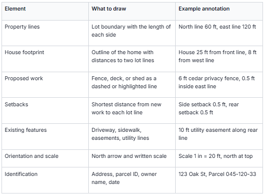 This table outlines key elements commonly illustrated in land survey drawings, detailing what to draw for each element and examples of appropriate annotations. Elements include property lines with dimensions, house footprints with reference distances, proposed work like fences or decks shown with dashed or highlighted lines, setback distances measured from new work to property lines, existing features such as driveways and utility lines, orientation and scale indicators like north arrows and scale measurements, and identification data including address, parcel ID, owner name, and date. This guidance assists surveyors and planners in creating clear, standardized, and informative land survey documents.