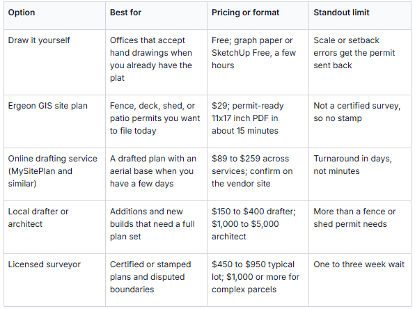 This image presents a table comparing different options for obtaining plot plans suitable for various permit types. The table outlines five options: drawing the plan yourself, using Ergeon GIS site plan, online drafting services like MySitePlan, hiring a local drafter or architect, and engaging a licensed surveyor. Each option is evaluated based on the best use case, pricing or format, and standout limitations such as wait times, certification, and accuracy. This comparison helps users choose the most appropriate method depending on the complexity of their project, budget, and time constraints.