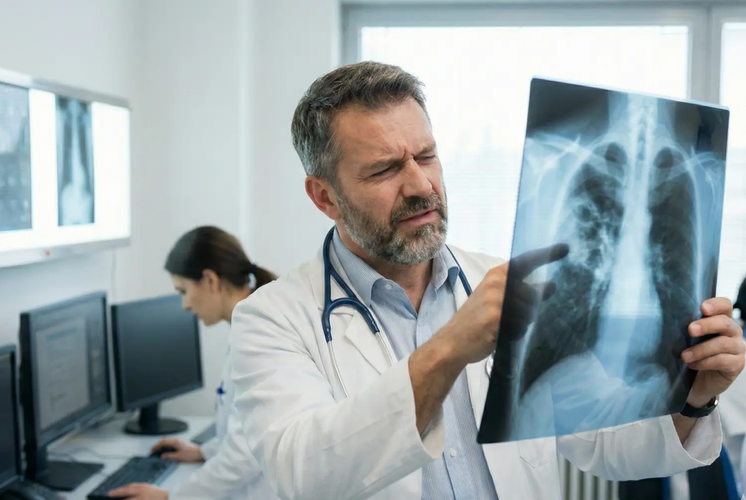 Doctor examining a chest X-ray to diagnose lung disease