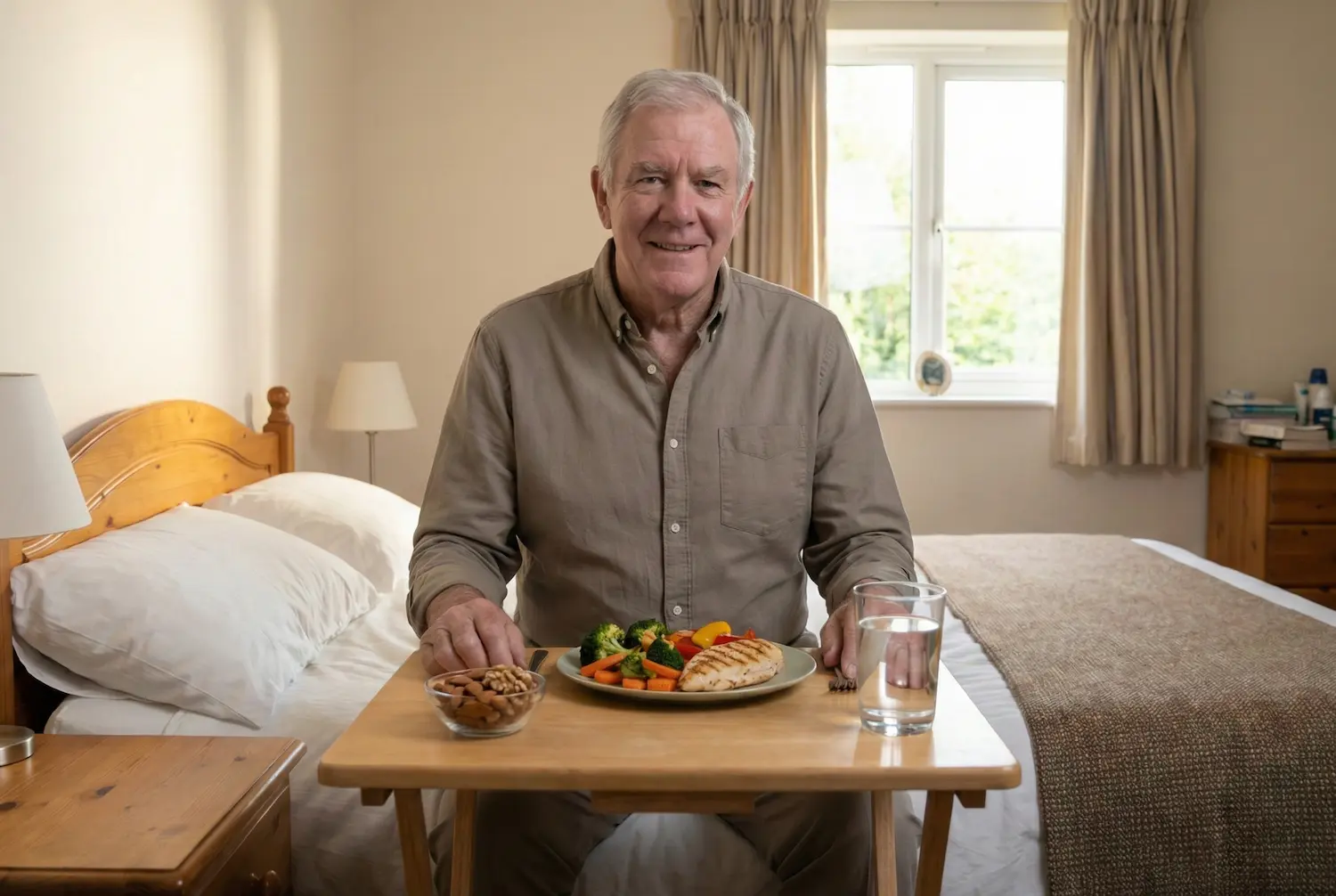 Older man eating a balanced meal with grilled chicken, vegetables, nuts, and water at home