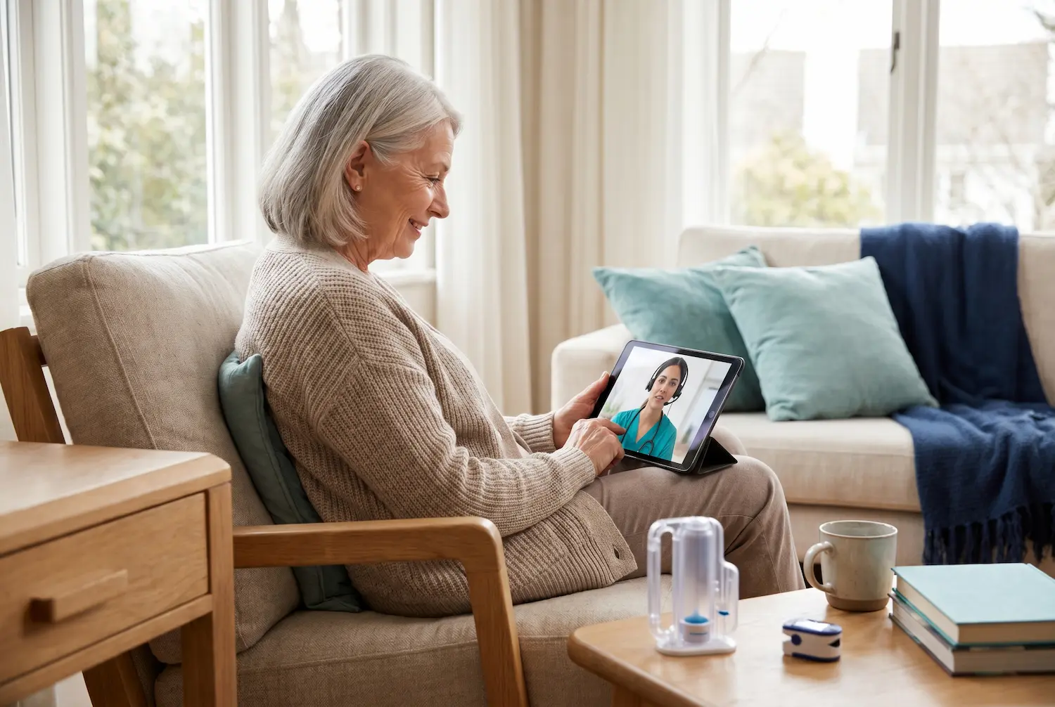 Older adult using a tablet for pulmonary rehab support at home with a pulse oximeter nearby.