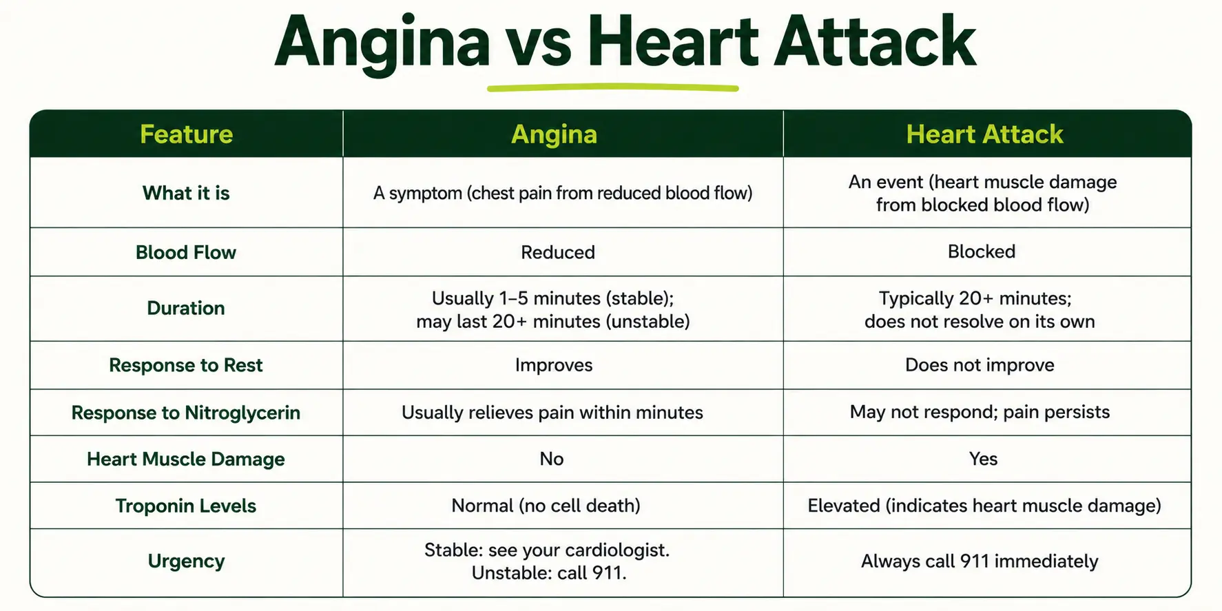 Angina vs heart attack comparison chart showing symptoms, blood flow, and heart damage differences