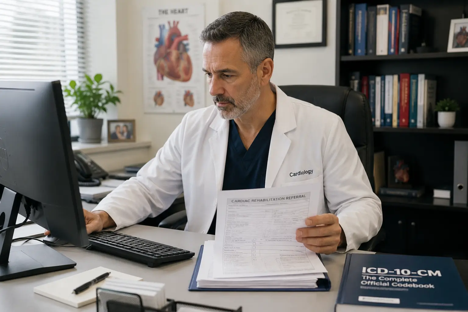 Provider completing cardiac rehab referral documentation and ICD-10 coding.
