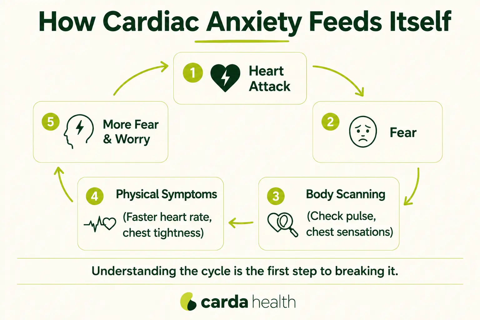 The cardiac anxiety cycle showing how fear raises heart rate and physical symptoms that fuel more fear after a heart attack