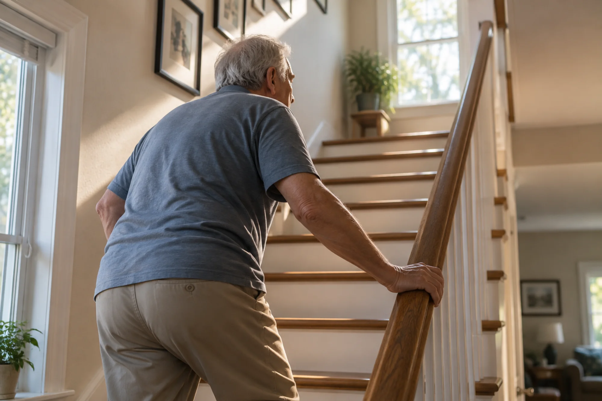 Older man pausing on the stairs at home while holding the handrail.