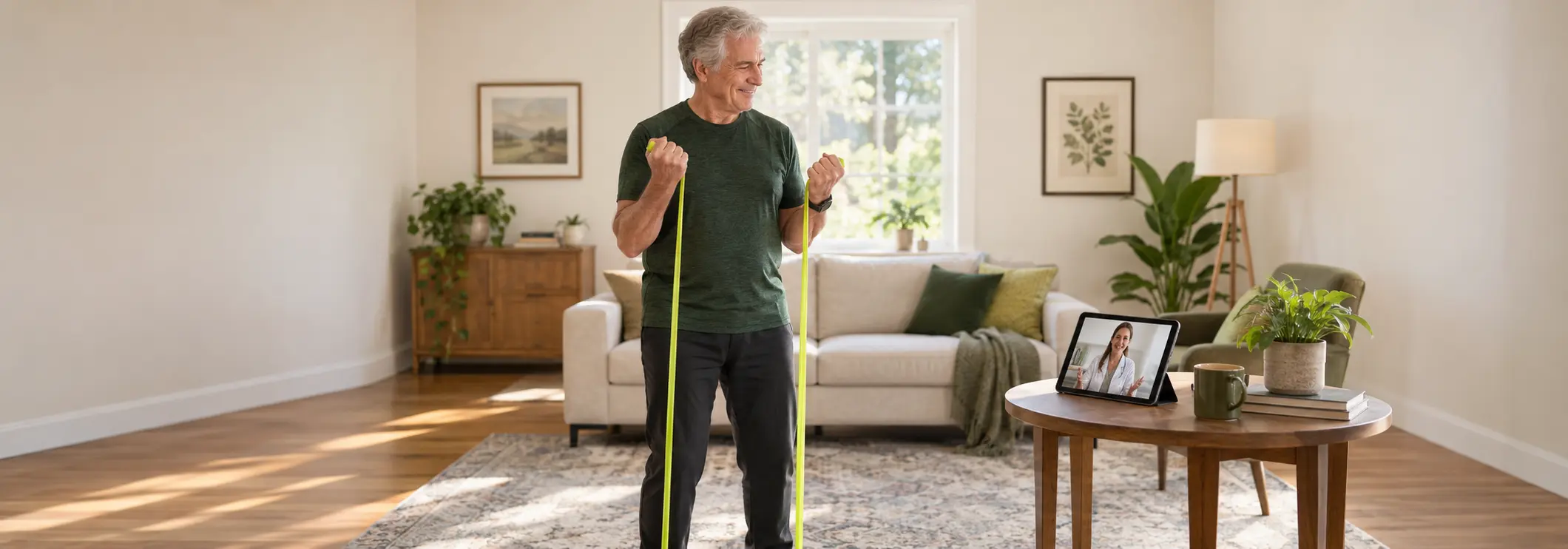 Older man holding a resistance band over his head at home