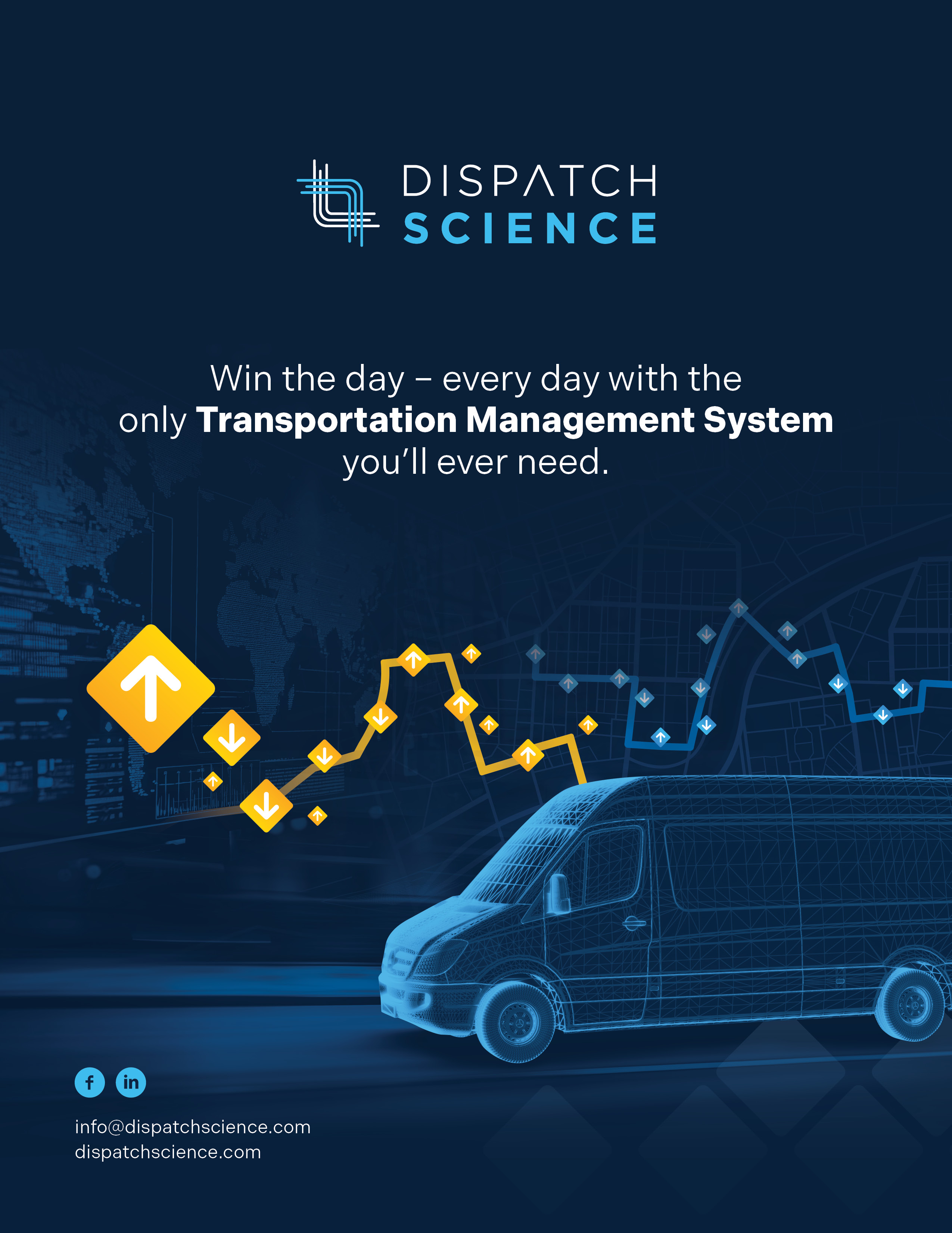 Visuel promotionnel de Dispatch Science pour son logiciel de gestion du transport, avec une fourgonnette en fil de fer et des itinéraires de livraison.