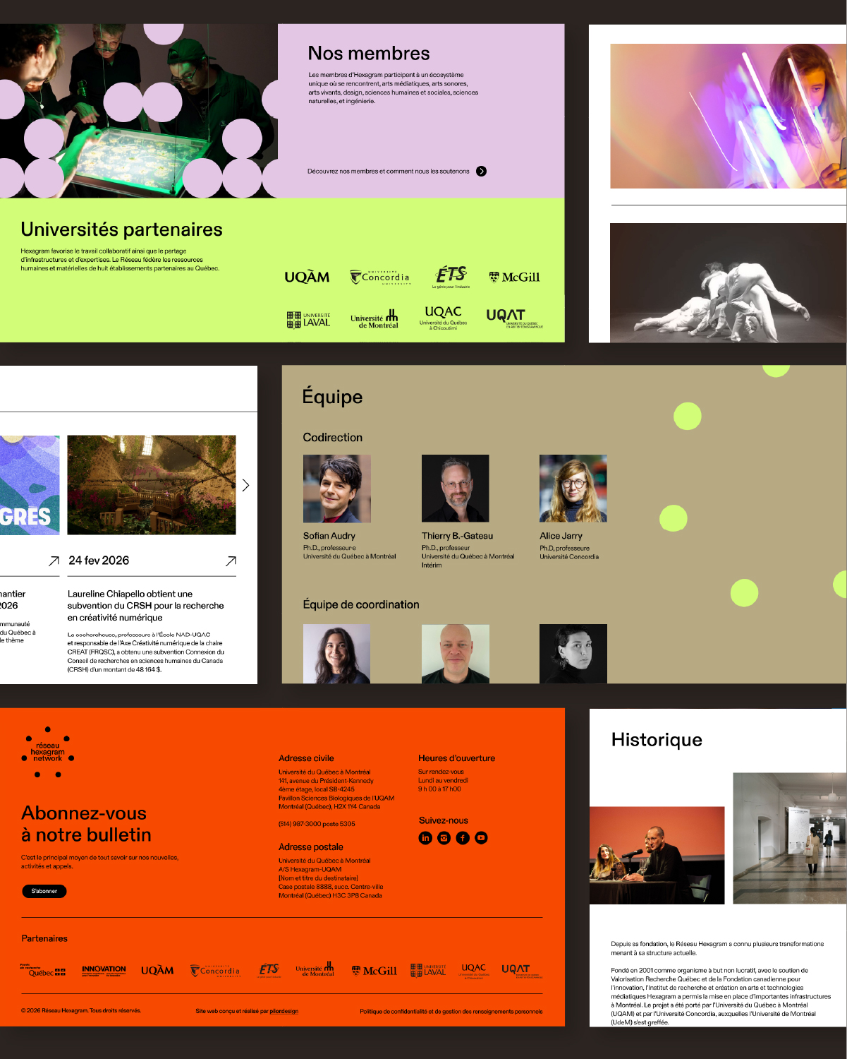 Aperçu du site Web d’Hexagram présentant les membres, l’équipe, les universités partenaires et des projets artistiques, dans une mise en page aux accents mauves, vert lime et orange.