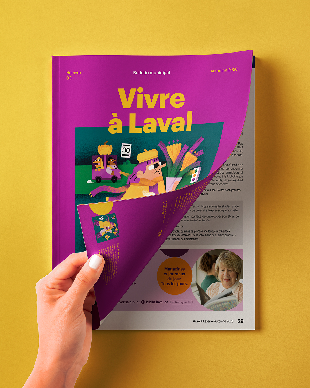 Couverture illustrée et mise en page du bulletin municipal Vivre à Laval, édition d’automne 2026.