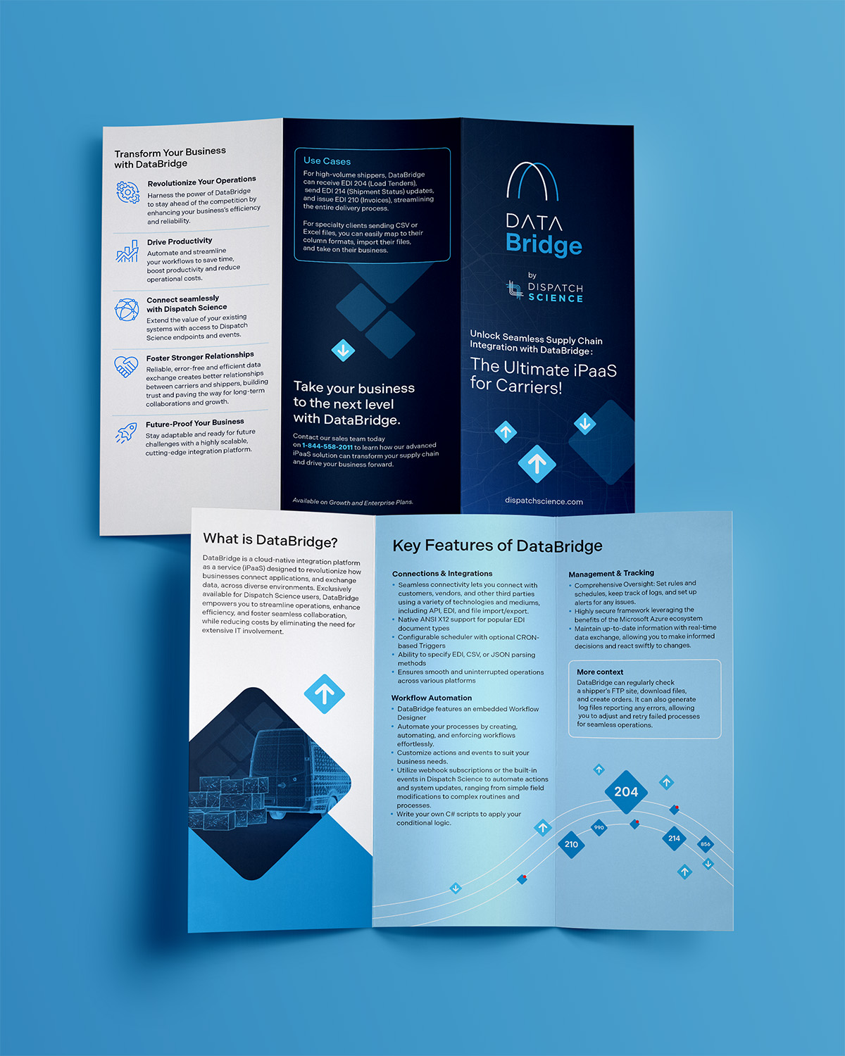 Dépliant à trois volets DataBridge de Dispatch Science présentant les fonctionnalités de sa plateforme logistique.