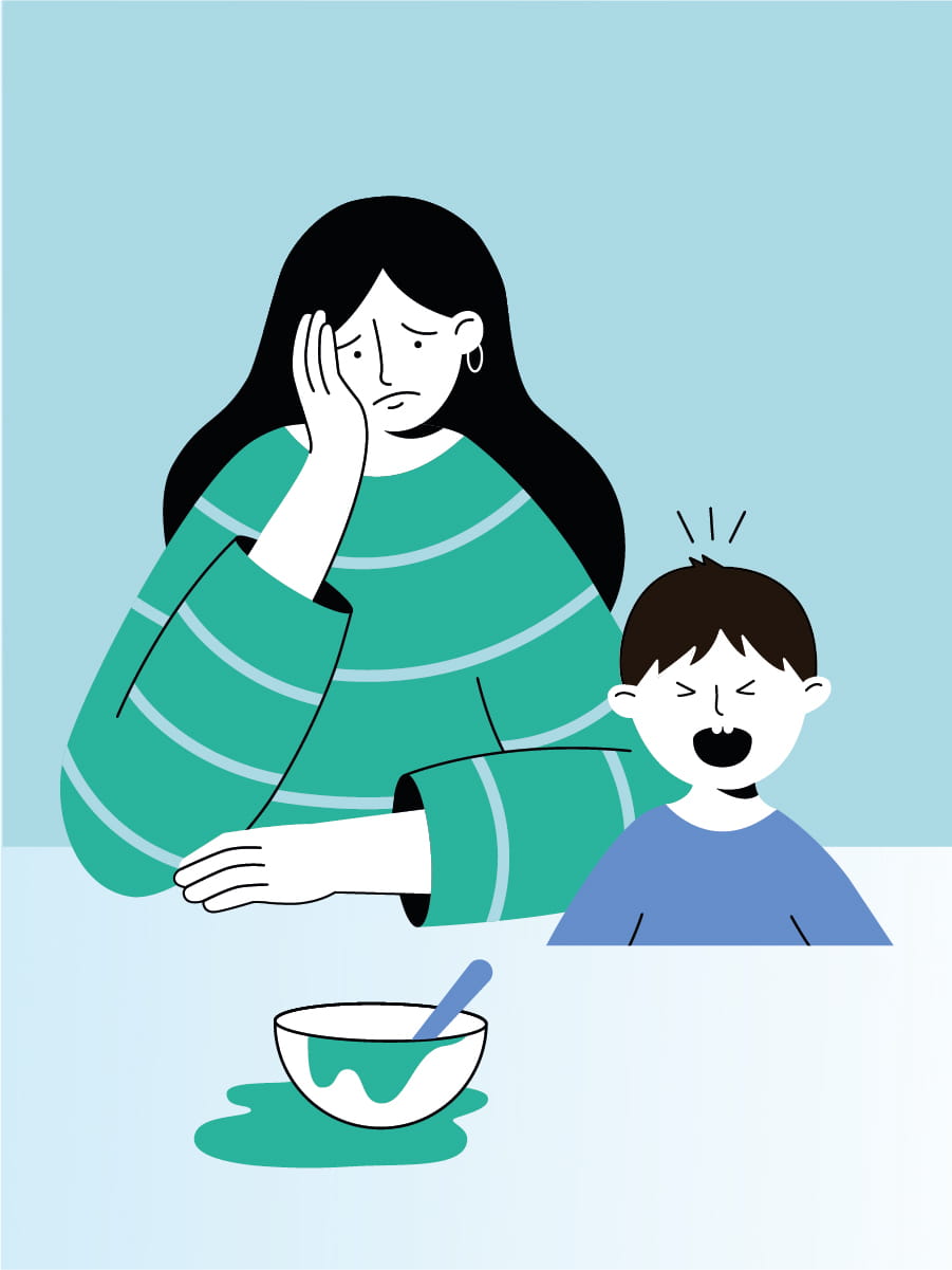 Illustration montrant un parent visiblement épuisé, la tête appuyée sur sa main, aux côtés d’un enfant qui pleure, évoquant la pression émotionnelle et la surcharge du quotidien parental.