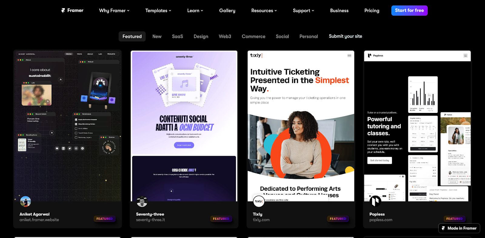 The Framer gallery showcases sites that were built using Framer