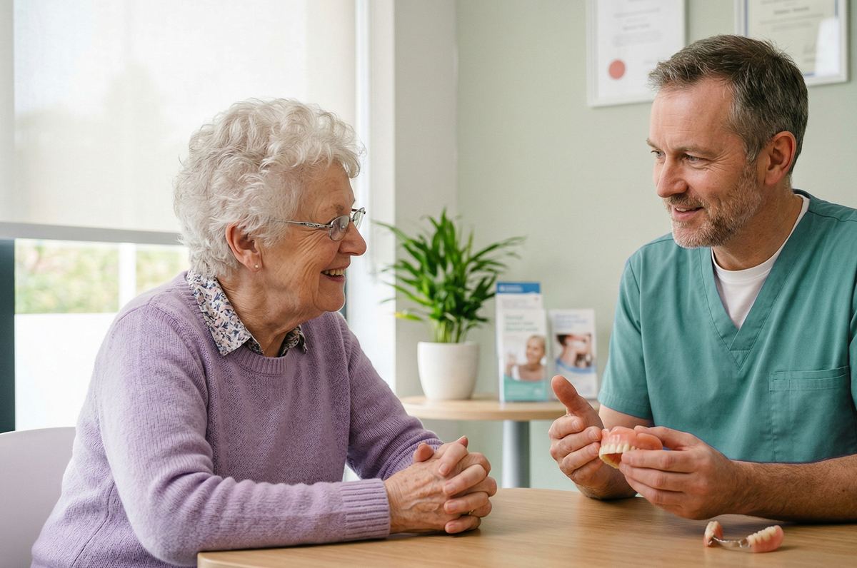 Denturist at Saberton Denture & Implant discussing denture adhesive alternatives and implant-supported denture options with a patient during a free consultation