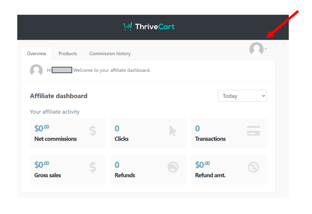 Thrivecart dashboard - profile upper right corner